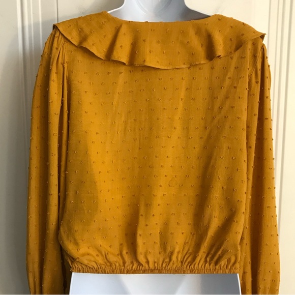Lulus Women’s S Mustard Swiss Dot Ruffle Long Puff Sleeve Smocked Wrist Top EUC - Picture 15 of 16